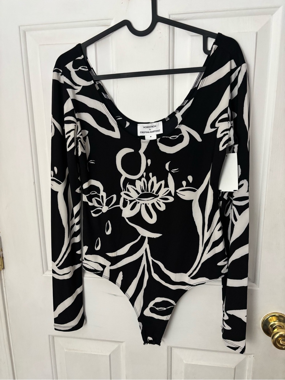 Nordstrom Black and White Floral Scoop-Neck Long-Sleeve Bodysuit NWOT